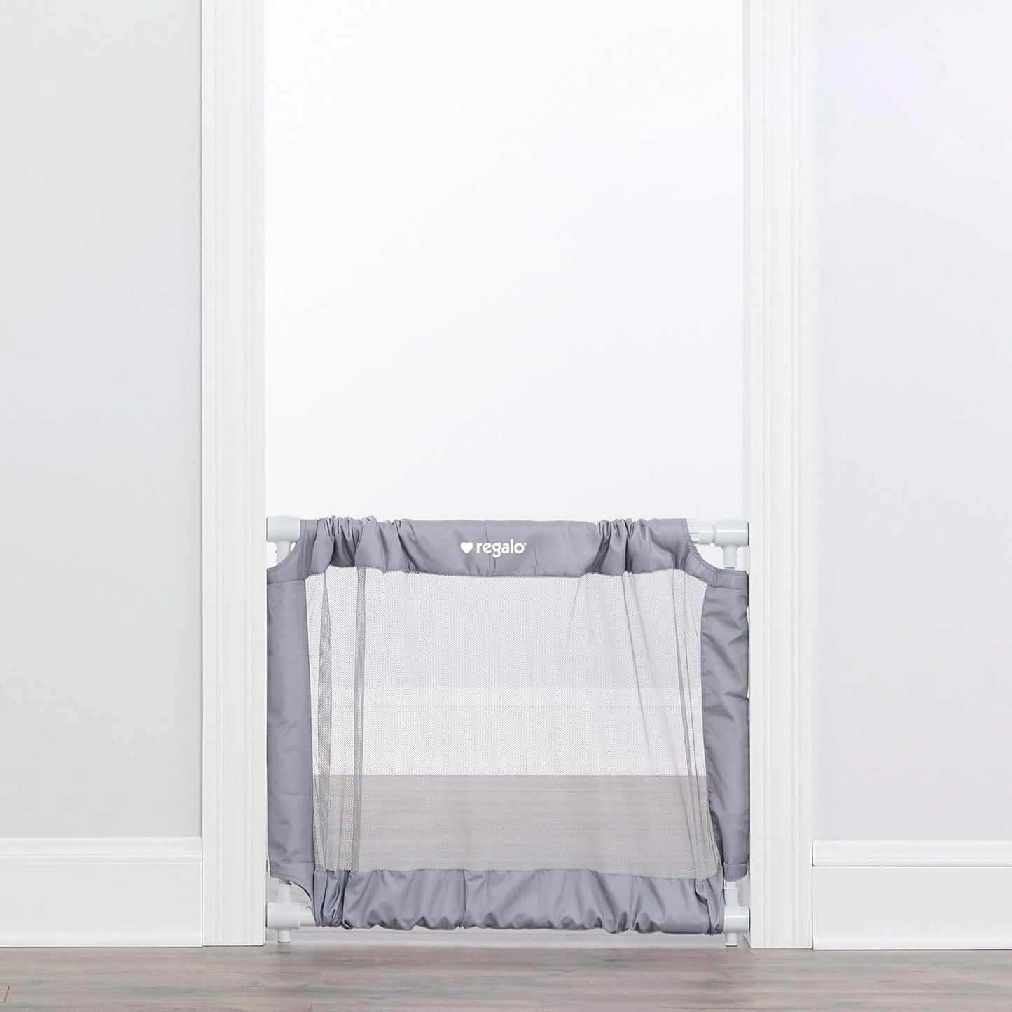 Regalo Safety 27.5-50” Extra Wide Mesh Baby Gate for Doorways & Hallways, Expandable Pressure Mounted Baby Gate for Toddlers & Pets, Includes Rubber Bumpers, Gray