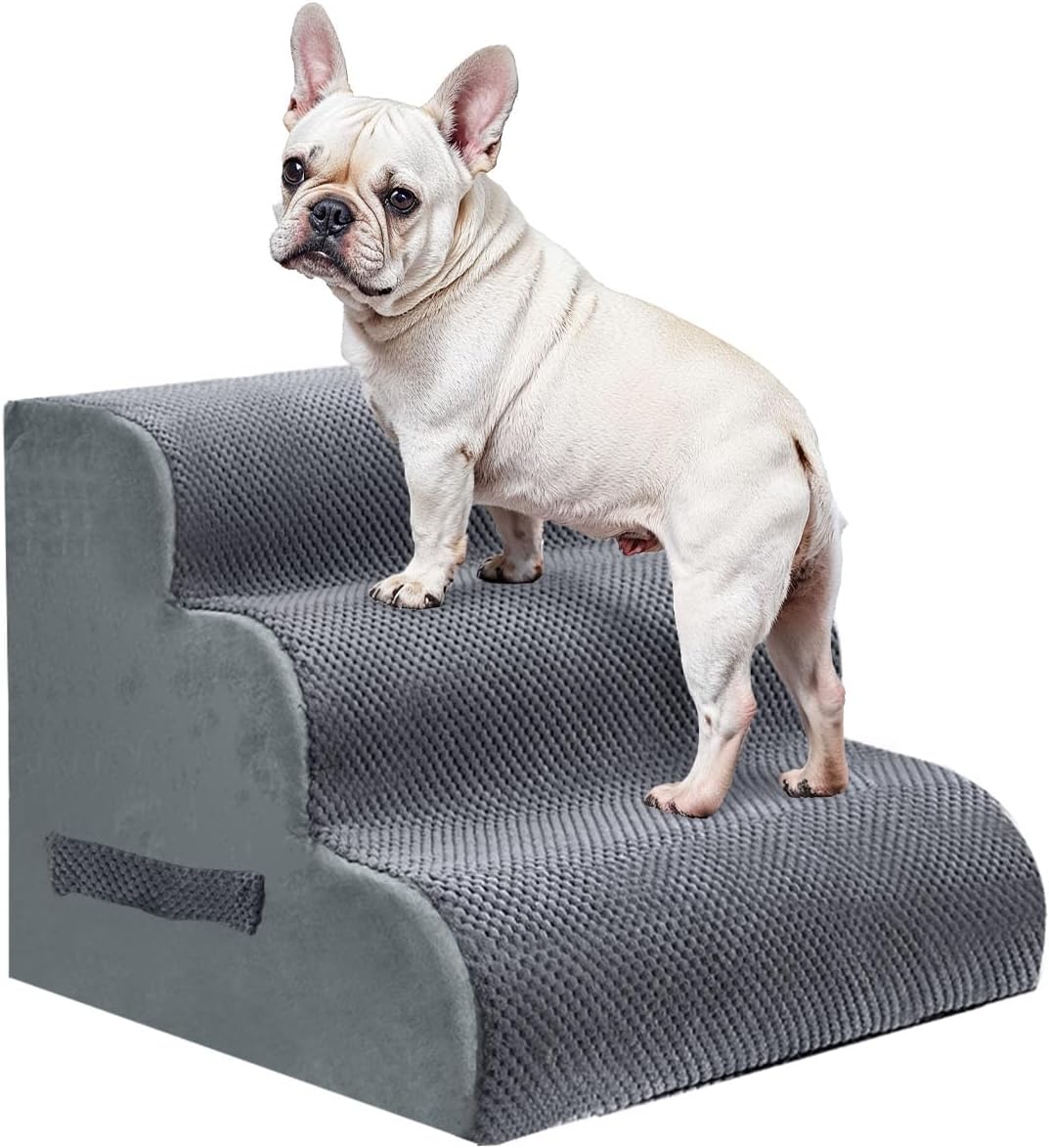 PAWSCRAT Pet Stairs for Dogs 4-Step, 19.6" H Pet Stairs for High Bed, Couch Sofa & Chair, 30D Material Soft Foam Dog Steps with Non-Slip Bottom Surface Removable Washable Cover, Grey