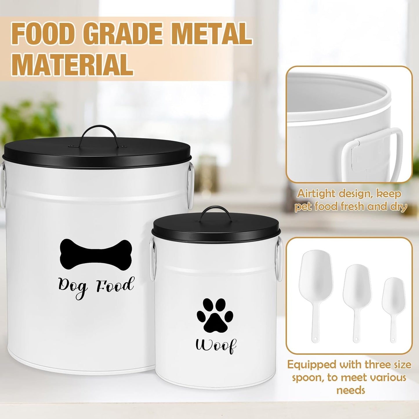 DoubleFill Extra Large 23+10 lbs Metal Dog Food Storage Containers Set of 2 Airtight Dog Treat Snack Jars with Lids and Spoon Farm House Style Big Pet Cookie Jar for Kitchen Counter Gift