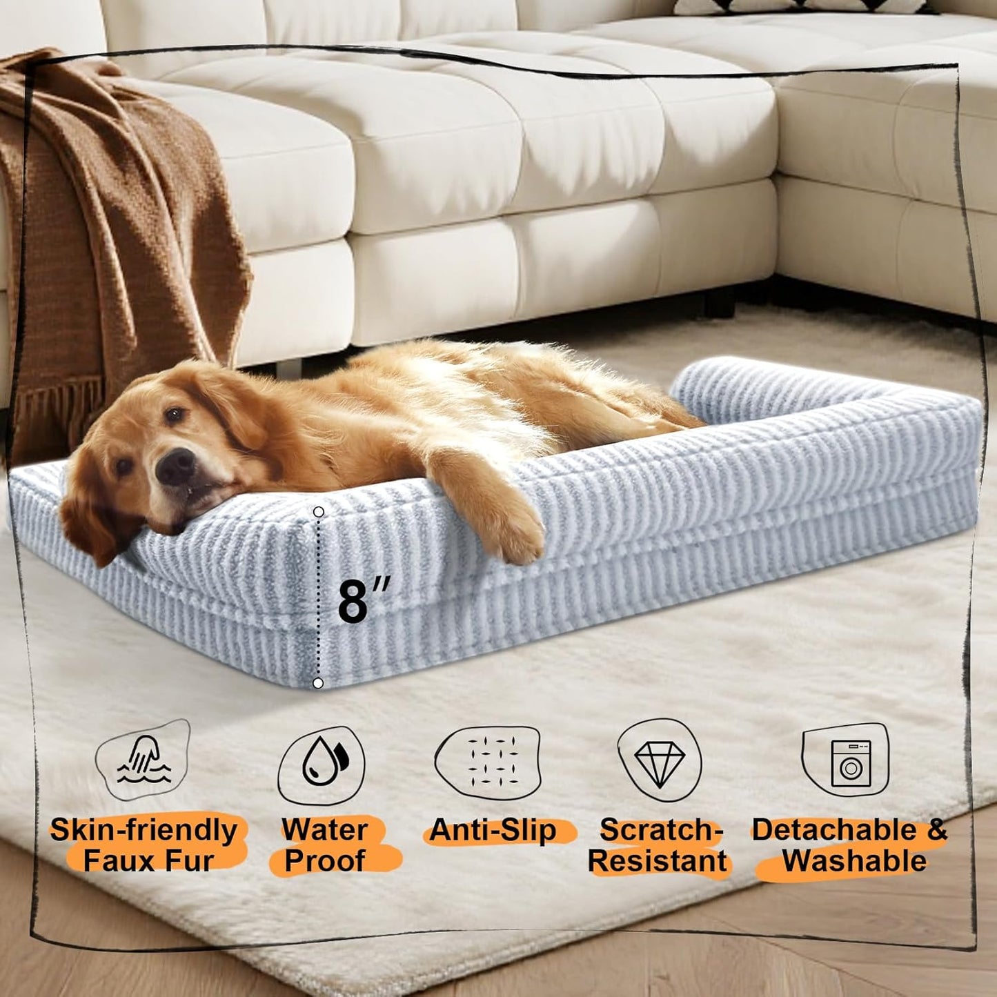 Large Dog Bed Orthopedic Washable - Beds Bolster - Medium XL XLarge Big Dogs - Memory Foam Couch Sofa - Waterproof with Removable Cover