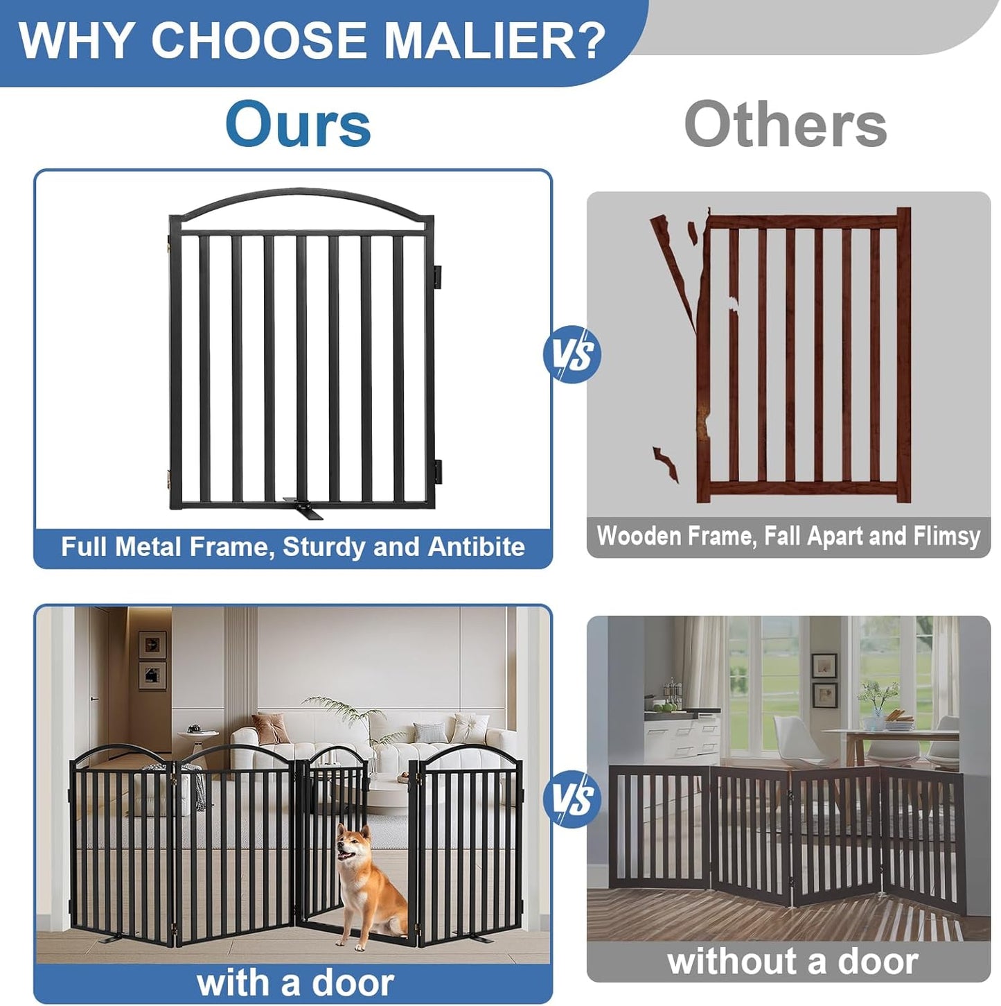 Malier Metal Freestanding Dog Gate, 32'' Height Outdoor Indoor Dog Fences, Extra Wide Foldable Puppy Gate for Stairs (Black, 【2 Panels】 40''W × 32''H)