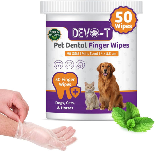 DEVO-T 100% Natural Dog Teeth Cleaning Wipes Unscented | 50 Count | Pet Teeth Cleaning Finger Wipes for Dogs, Cats & Horses | Remove Bad Breath, Plaque & Tartar Buildup | Dog Dental Wipes Finger