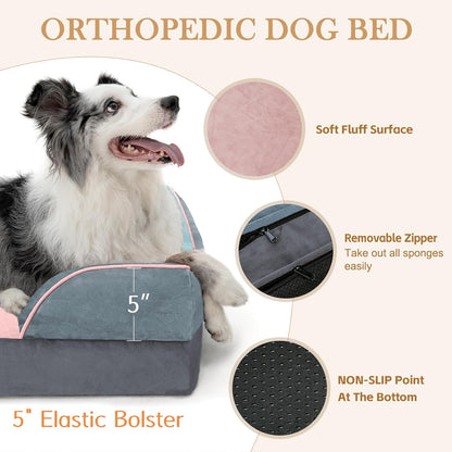 Comfort Expression Orthopedic Dog Bed for Extra Large Dogs 42x30 Inch, Waterproof Egg Crate Foam XL Pet Bed with Removable Bolsters, Dog Couch with Washable Cover & Non-Slip Bottom, Grey - Colors B