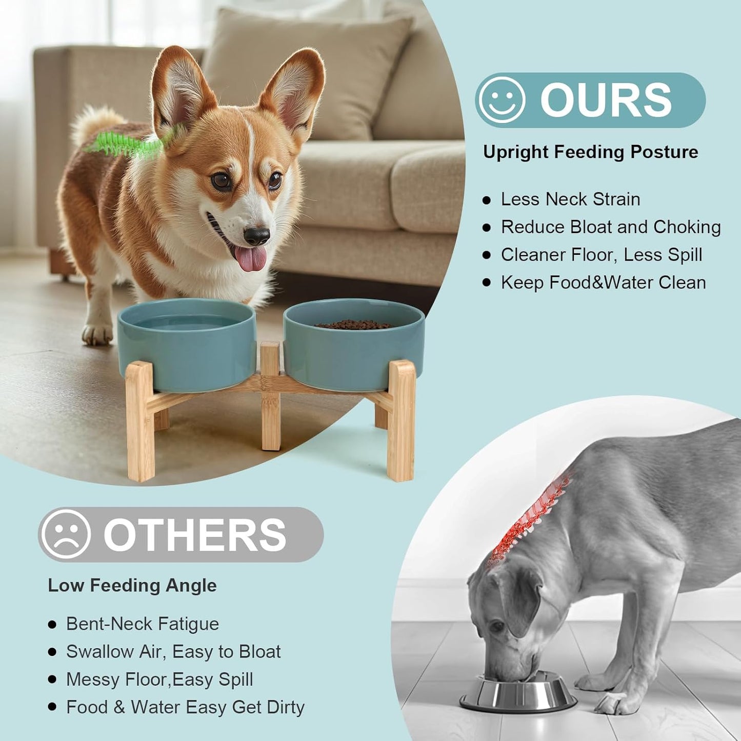 SPUNKYJUNKY Elevated Dog Bowls Ceramic, 6.1'' Dogs and Cat Food Water Bowls Raised with Non-Slip Bamboo Stand for Medium Sized Breed Microwave Dishwasher Safe - 28.7 OZ,Beige