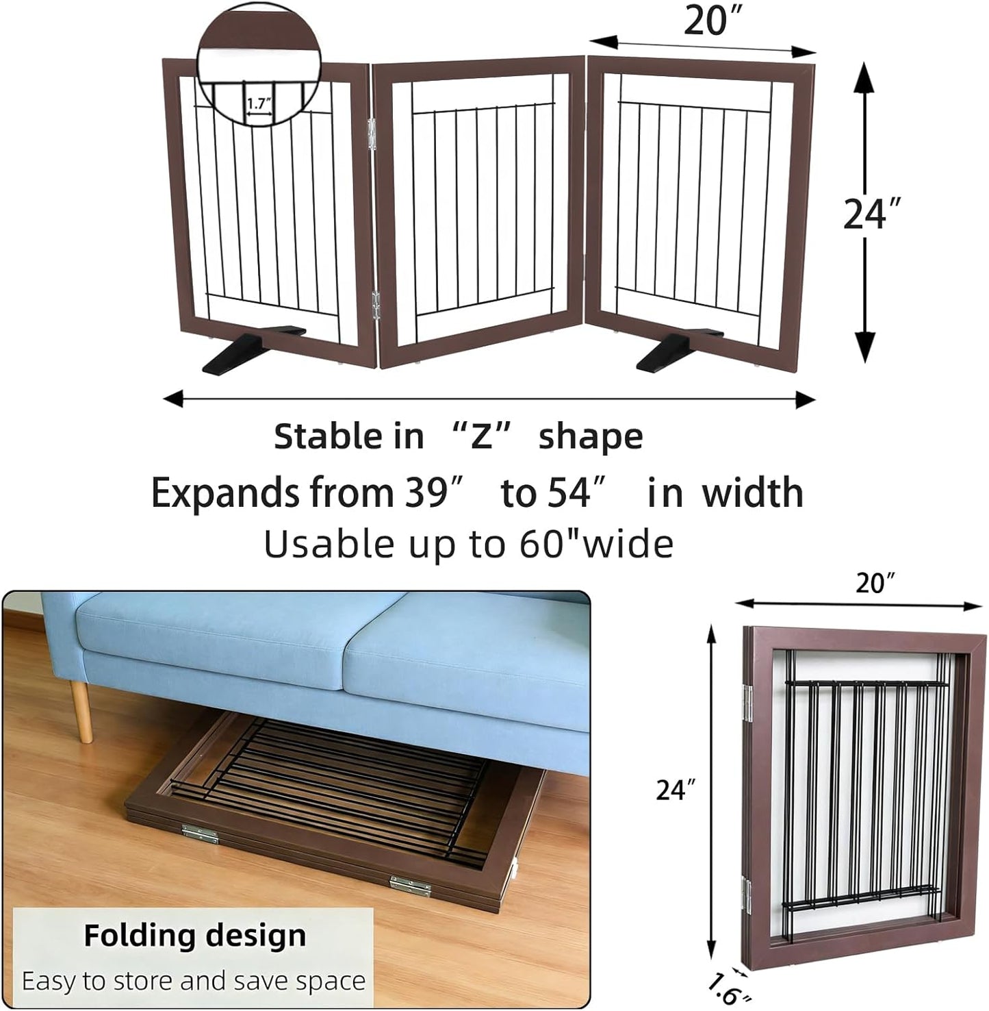 ZJSF Freestanding Dog Gate Indoor, Foldable Dog Fence for Doorways,Hallways or Stairs, Sturdy Wood Extra Wide Pet Gate with Support Feet,Black,24 "Height-3 Panels