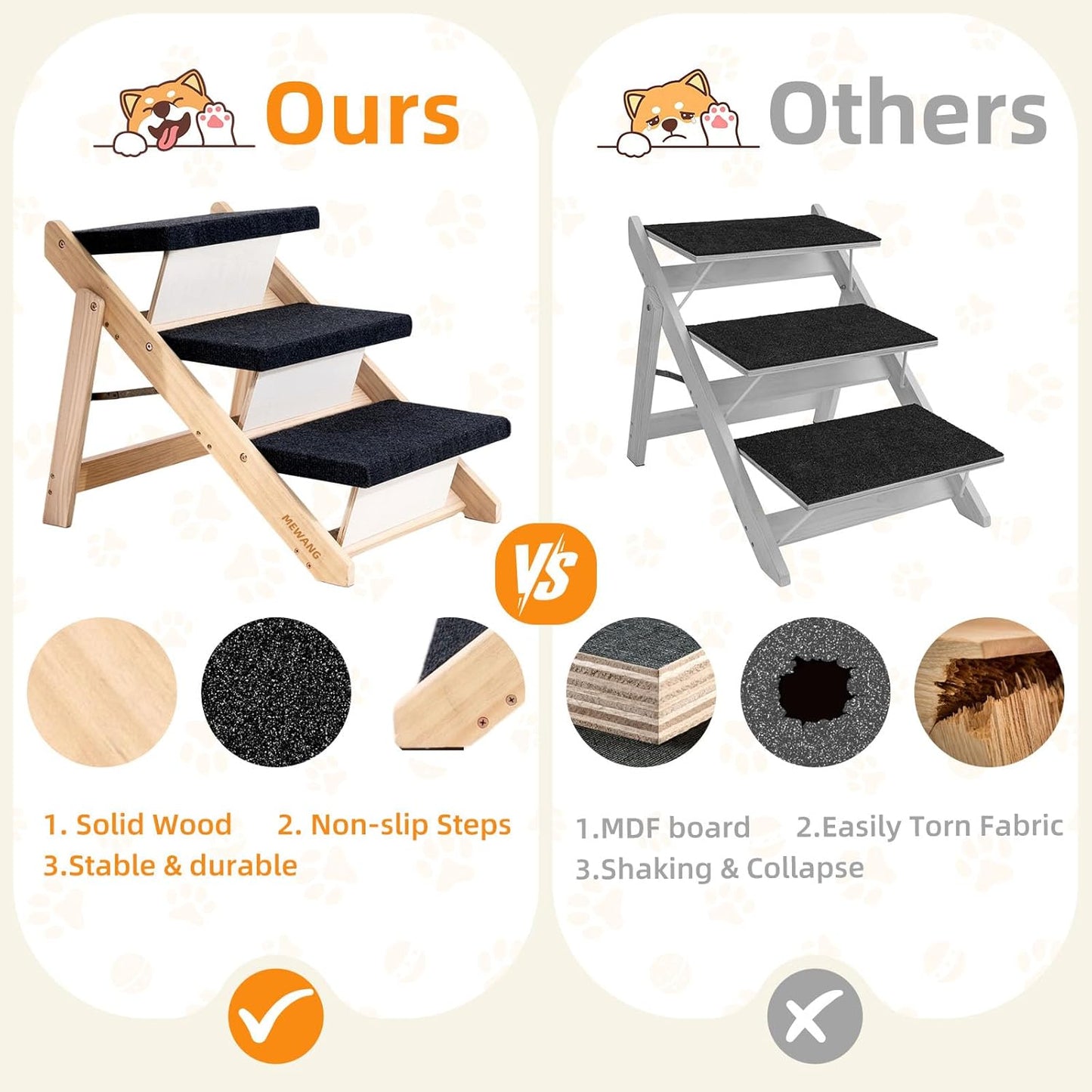 MEWANG Wood Pet Stairs & Ramp for Small/Medium Dogs and Cats, Aging Pets – 2-in-1 Foldable, Portable, Non-Slip Pet Ladder for Tall Beds, Couches,Cars–Holds Up to 220 lbs (17.3" L x 17.2" W x 13.0" H)