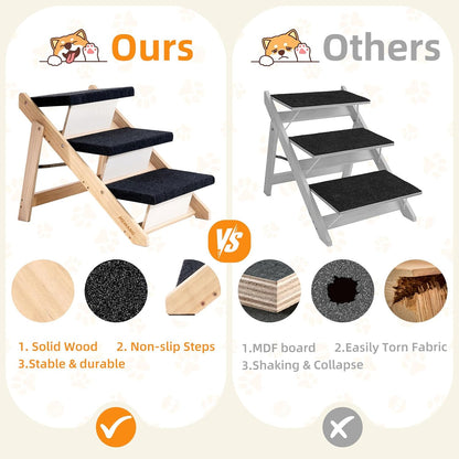 MEWANG Wood Pet Stairs & Ramp for Small/Medium Dogs and Cats, Aging Pets – 2-in-1 Foldable, Portable, Non-Slip Pet Ladder for Tall Beds, Couches,Cars–Holds Up to 220 lbs (17.3" L x 17.2" W x 13.0" H)