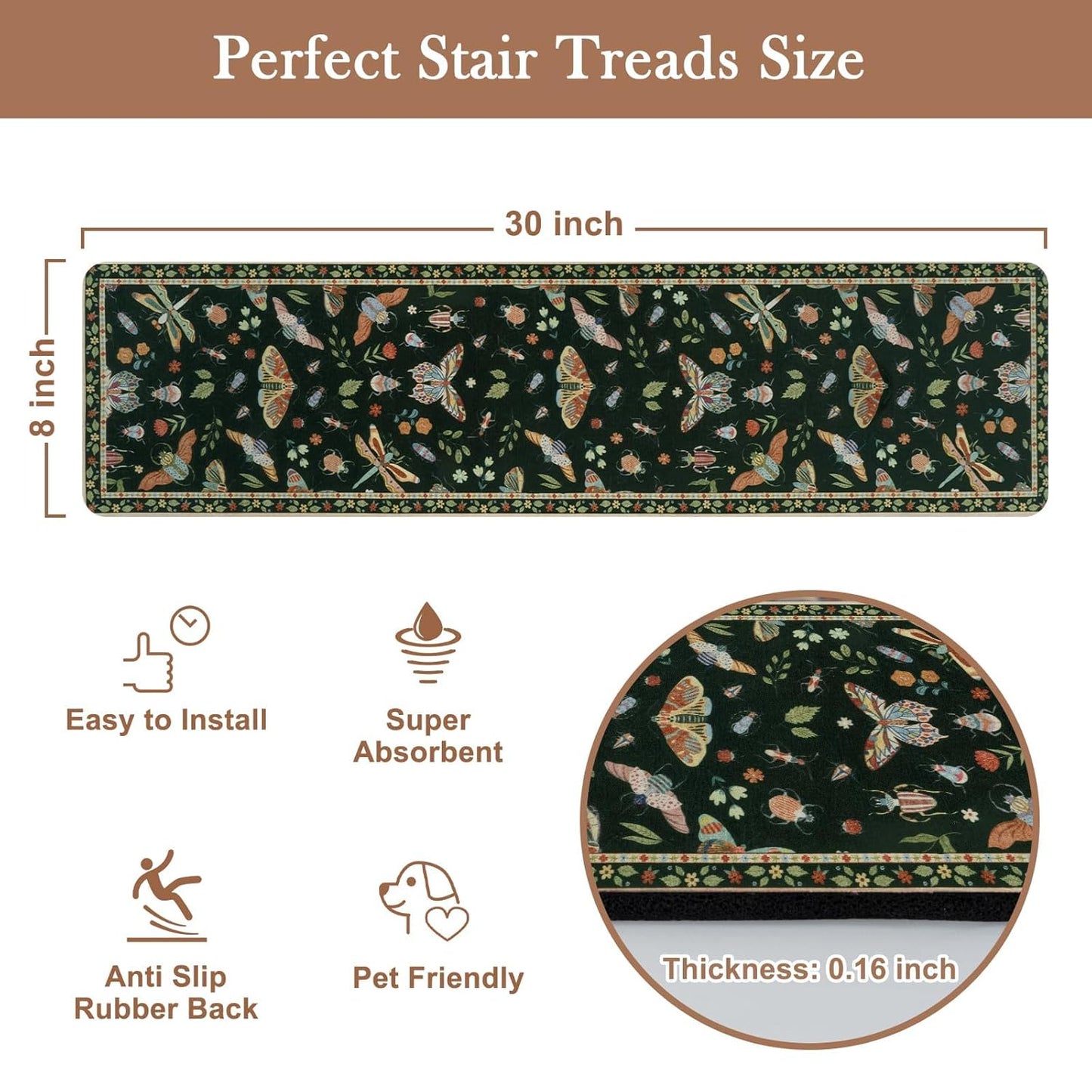 OJIA Insect Print Stair Treads Non Slip Stair Runners for Wooden Steps Indoor, 15PCS 8"x30" Rubber Backing Carpet Treads for Wood Stairs Staircase Step Treads for Kids & Dogs, Stair Covers, Black