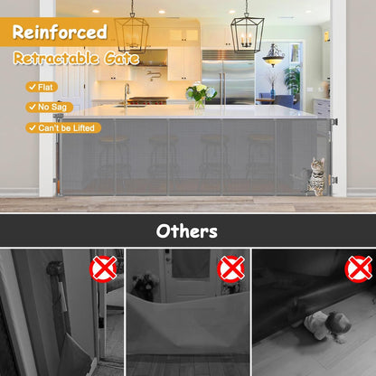 Reinforced 120 Inch Wide Retractable Baby Gates Extra Wide Pet Gate with Cat Door 10ft Extra Long Baby Gates for Large Openings 33 Inch Tall Reinforced Strips Retractable Dog Gate with Cat Door, Black