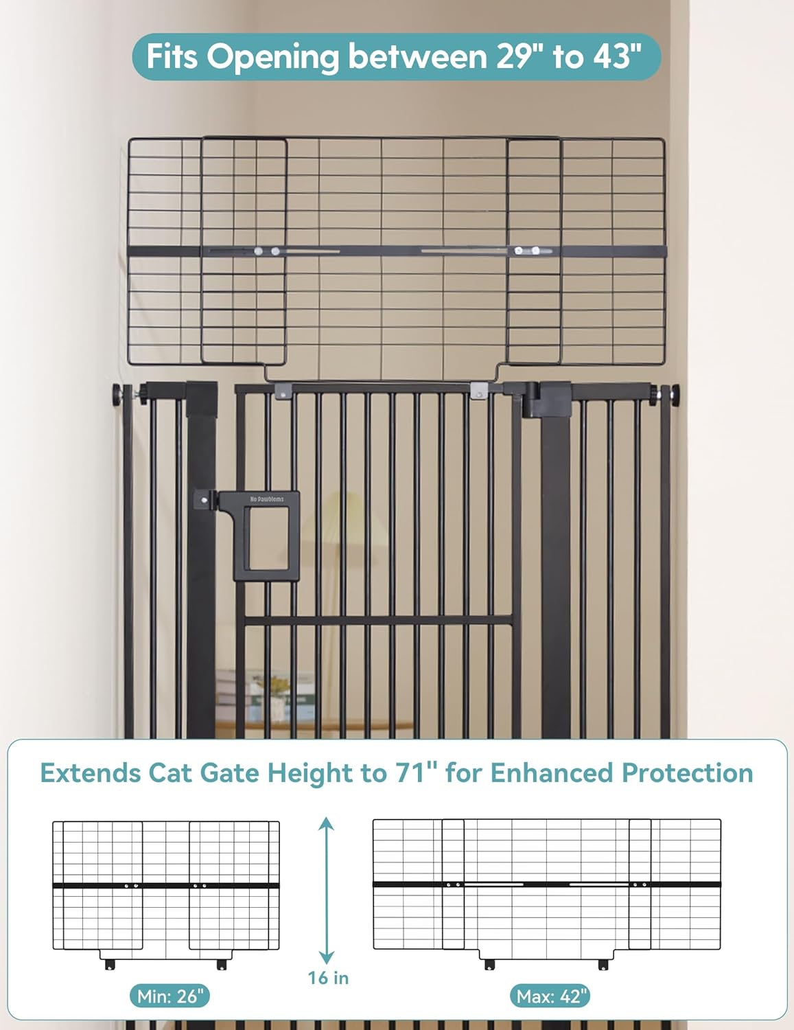 No Pawblems Upgraded 71" Extra Tall Pet Gate for Cat, 29-43" Auto Close Cat Gate for Doorways/Stairs/Hallways, NO Drilling Pressure Mounted, 1.37" Pet-Safe Gap (Black, 71" Tall, 29-43" Wide)