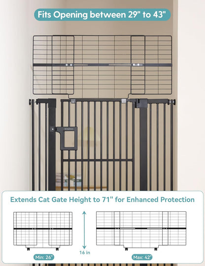 No Pawblems Upgraded 71" Extra Tall Pet Gate for Cat, 29-43" Auto Close Cat Gate for Doorways/Stairs/Hallways, NO Drilling Pressure Mounted, 1.37" Pet-Safe Gap (Black, 71" Tall, 29-43" Wide)