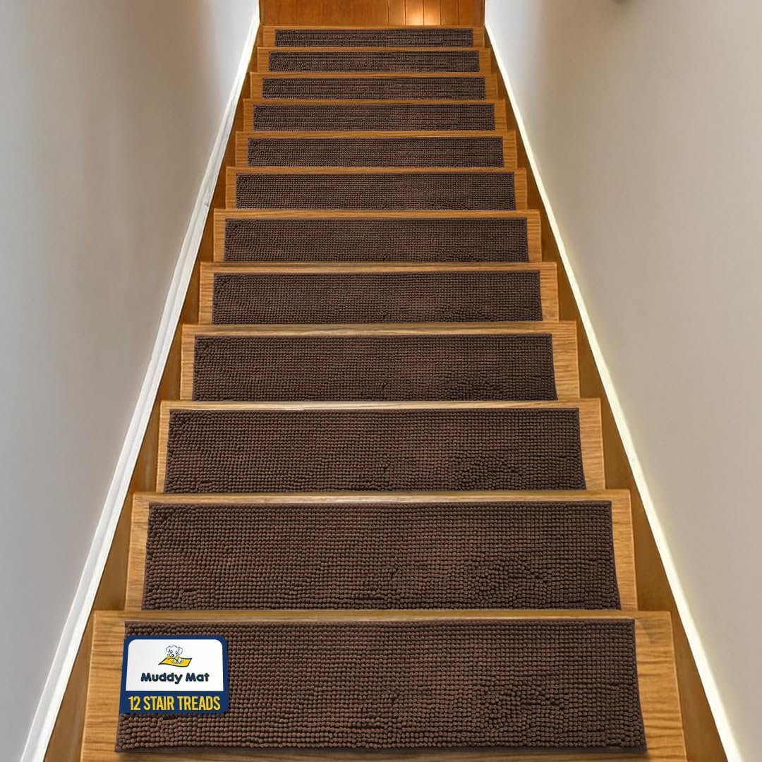 Muddy Mat® Pack of 4 - Soft Chenille Stair Treads Non-Slip Reusable, Super Absorbent Stair Treads for Wooden Steps, Tile & Marble Floor, Easy to Install & Machine Washable - Grey 30'' x 7''