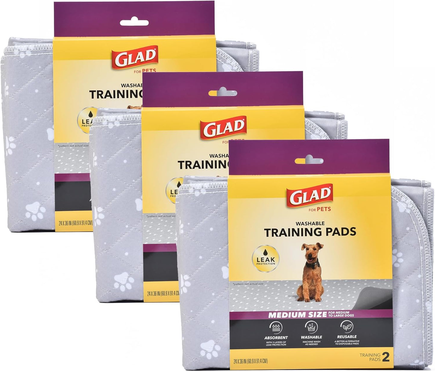 Glad for Pets Washable Dog Pee Pads, Medium, 24 x 36 Inch, 2 Count, Gray with Paw Prints, 3-Layer Leak Protection, No-Slip Vinyl Bottom, Reusable Puppy Training Pads