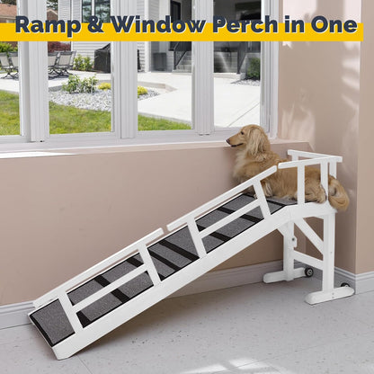 Dog Ramp for Bed or Couch, Wooden Pet Ramp with 20° Gentle Slope, Removable Side Rails, Non-Slip Surface, Top Platform & Wheels, Safe Bed Ramp for Small, Large & Senior Dogs, 60" Long, Mahogany