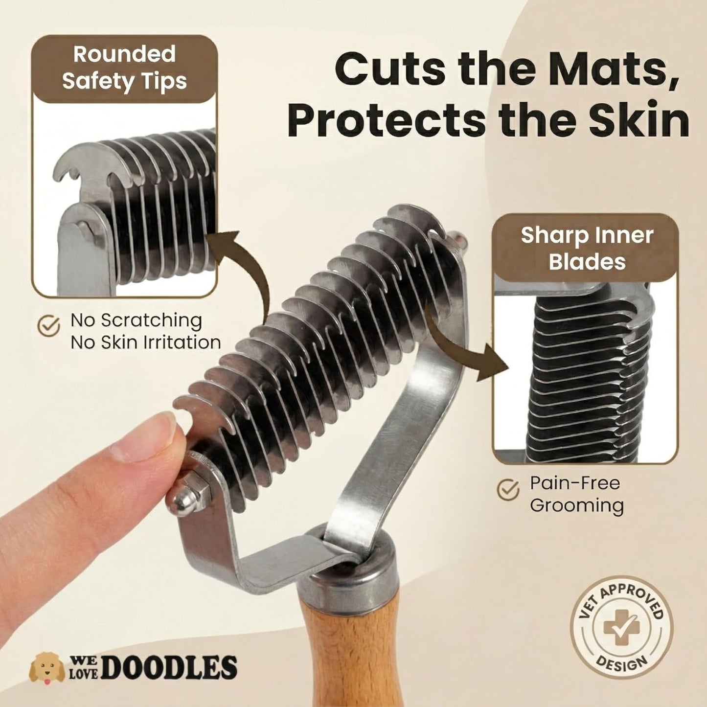 Dog Dematting Brush & Rake, Detangler Brush for Dogs, Comb Tool for Grooming, Best for Doodles, Poodles, Goldendoodles, Cats & Other Pets, Matted Fur Removal On Undercoat [We Love Doodles]