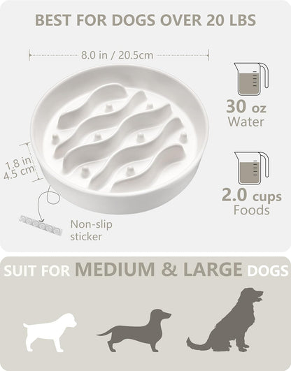Ceramic Slow Feeder Dog Bowls for Medium and Large Dogs, 2.0 Cups Dog Slow Feeder for Fast Eater, 30oz, 8in, White