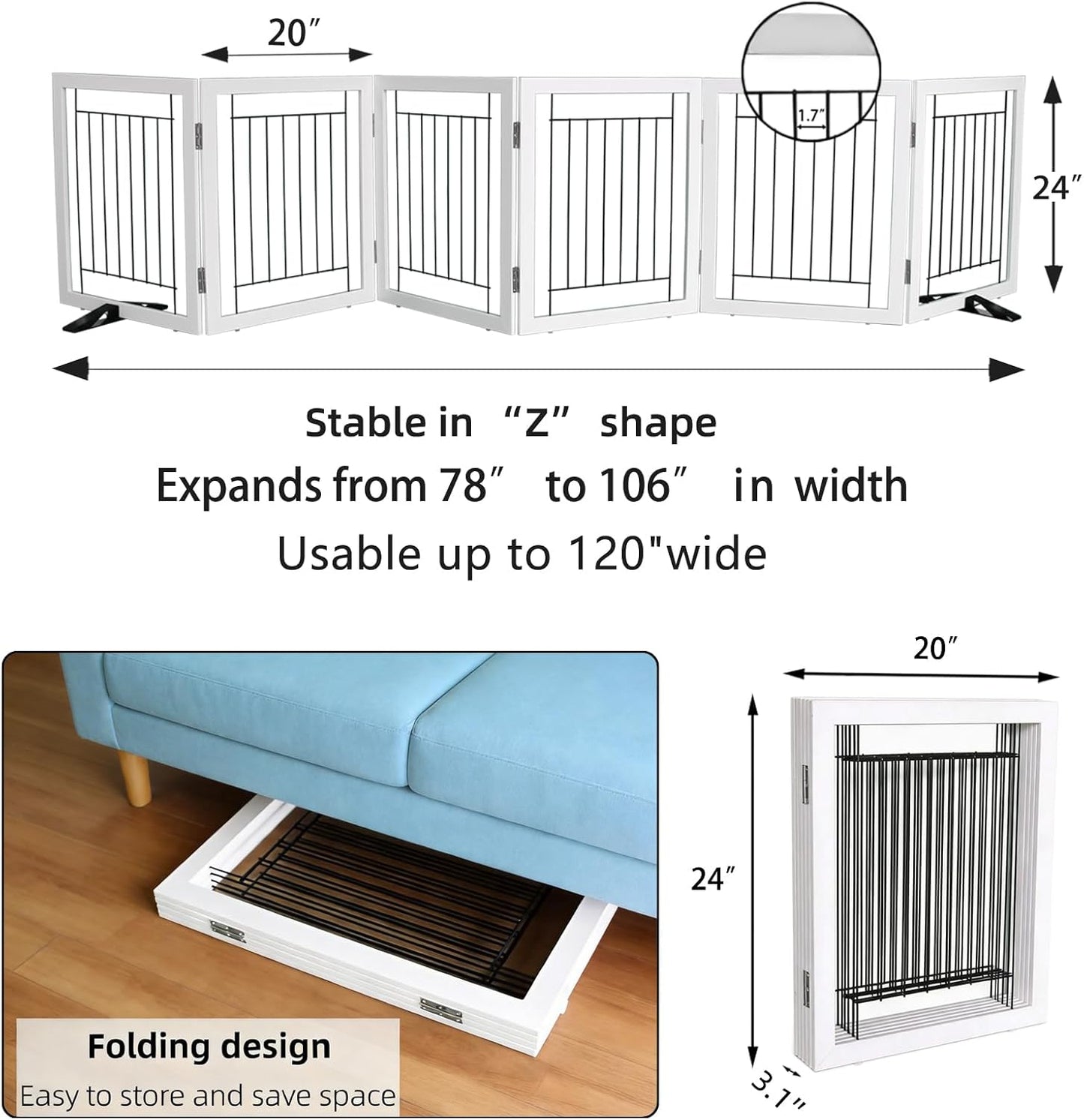 ZJSF Freestanding Dog Gate Indoor, Foldable Dog Fence for Doorways,Hallways or Stairs, Sturdy Wood Extra Wide Pet Gate with Support Feet,Black,24 "Height-3 Panels
