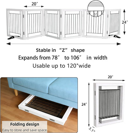 ZJSF Freestanding Dog Gate Indoor, Foldable Dog Fence for Doorways,Hallways or Stairs, Sturdy Wood Extra Wide Pet Gate with Support Feet,Black,24 "Height-3 Panels