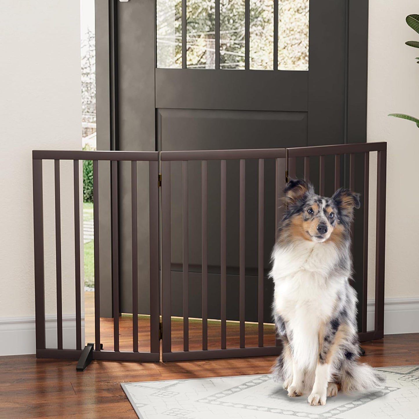 Freestanding Foldable Dog Gate - 4 Panel Room Divider with Metal Support Feet (Black)