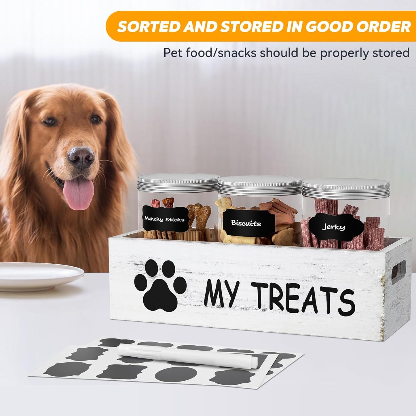 qeerable Dog Treat Container Airtight Storage Jars Set of 3 - Clear Plastic Pet Treat Canister with Lids - Dog Food Container for Countertop Organization (grey)