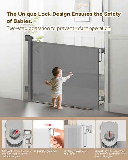 Retractable Baby Gate - 55" Wide Mesh Pet Gate with Anti-Crawling Hook, Safety Lock, One-Hand Operation, 34" Tall Baby Gate for Stairs, Doorways, Hallways, Garage, Indoor Outdoor, Black