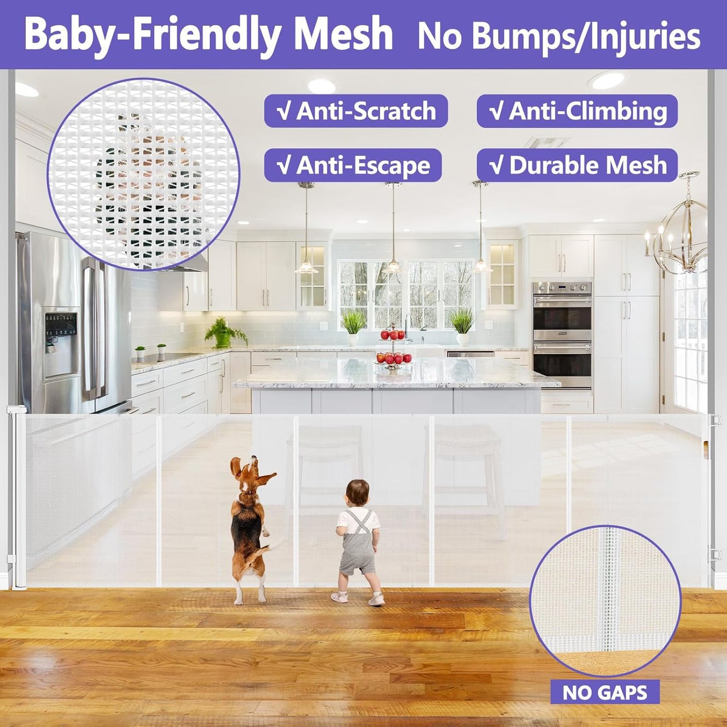 Reinforced 42" Tall Retractable Dog Gate, 155" Extra Long Retractable Baby Gate with Support Rods - Prevent Crawling Under, Indoor/Outdoor Retractable Gate Extra Tall Baby Gate Retractable Fence/Black