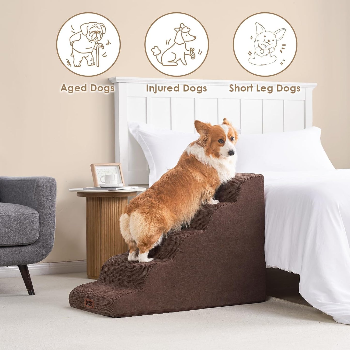EHEYCIGA Curved Dog Stairs Ramp for High Beds 19.7" H, 4-Step Dog Steps for Small Dogs and Cats, Pet Stairs for High Bed Climbing, Non-Slip Balanced Pet Step Indoor, Grey
