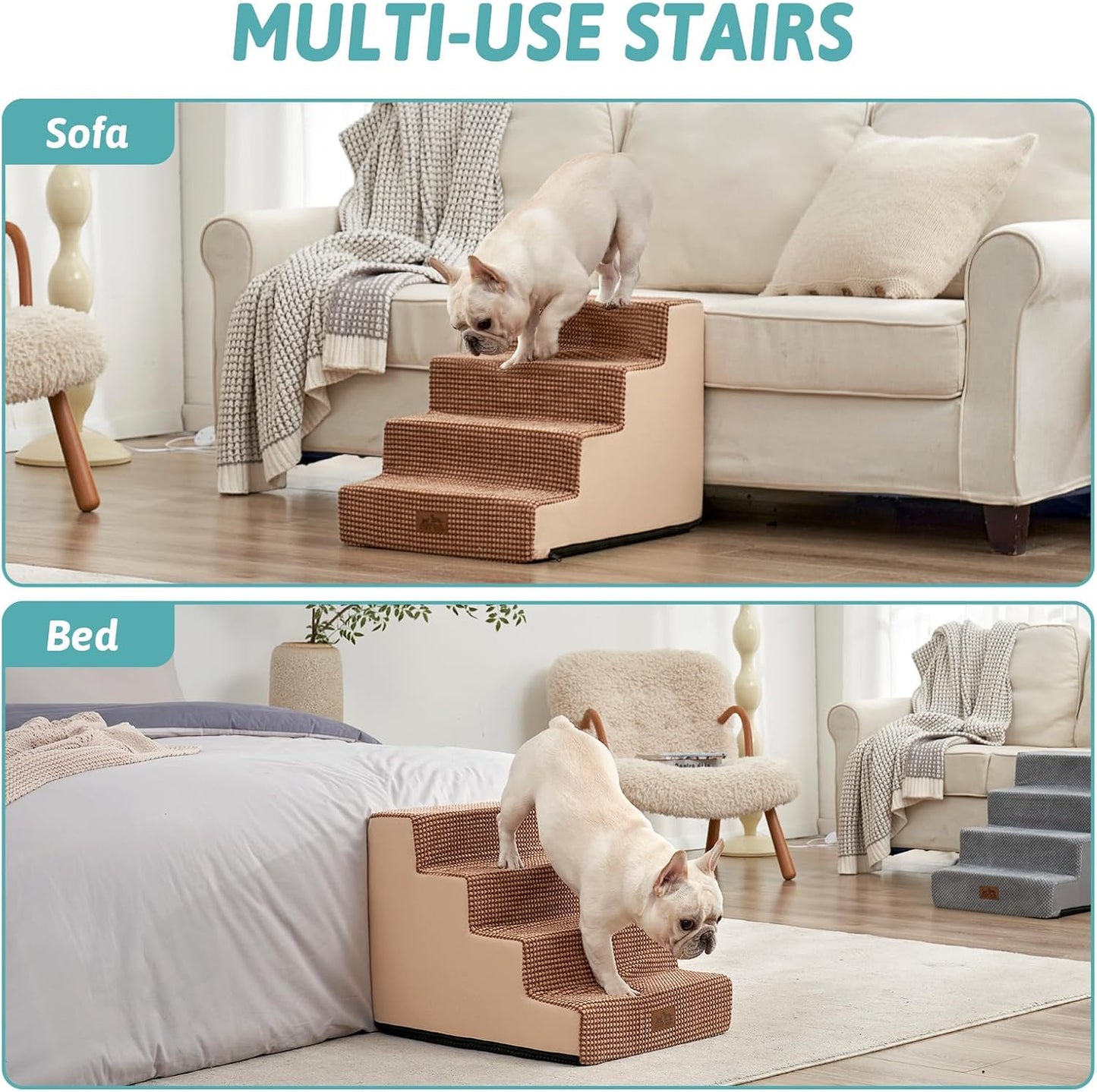COZY KISS Dog Stairs for Small Dogs, 4 Tier Wider Pet Stairs for Couch and Beds, 17.7" H Non-Slip Dog Steps for Old Cats, Puppy, Small Medium Dogs, 17.7x23.6x17.7 inch, Beige