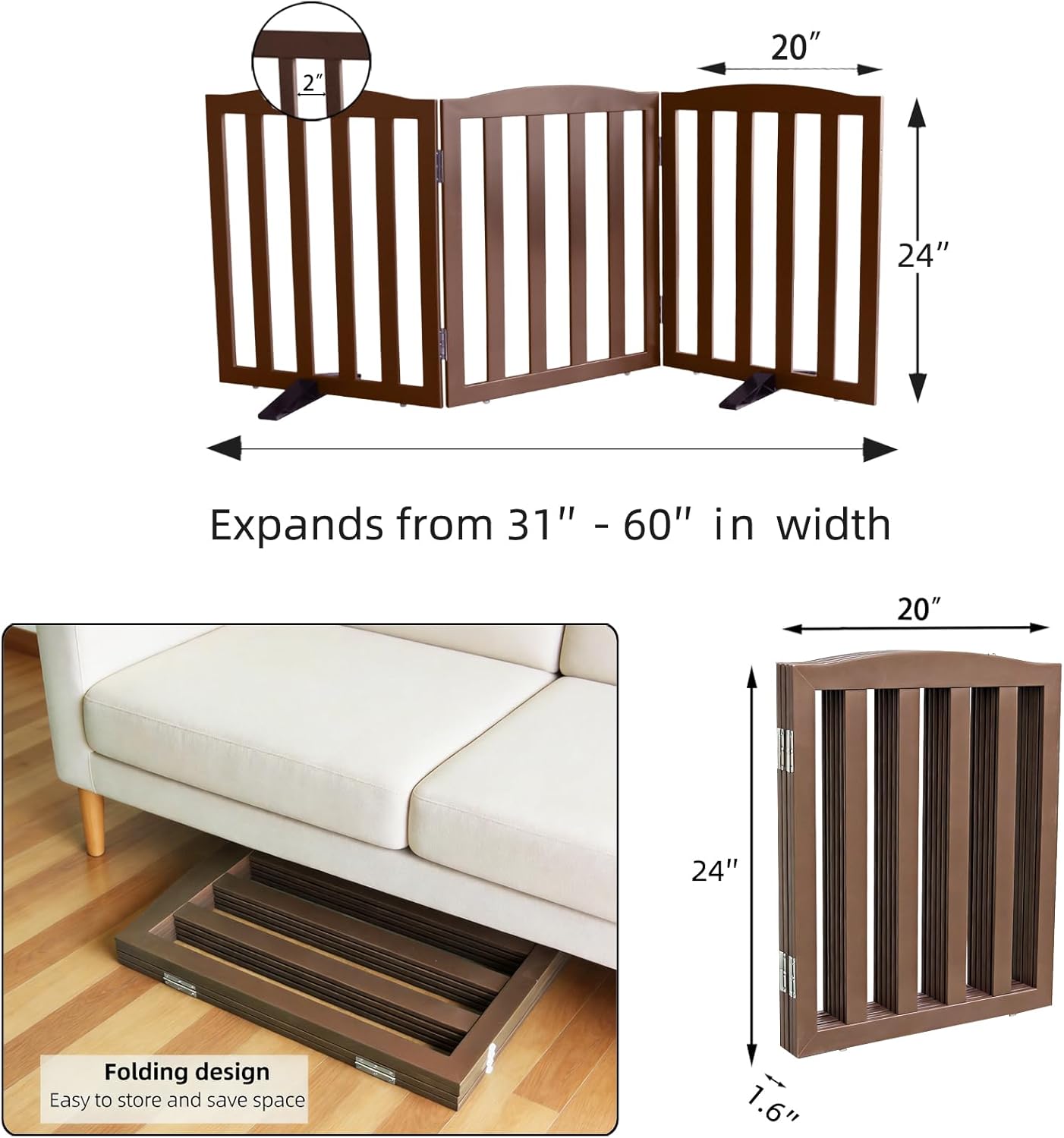 Freestanding Dog Gate Indoor,Doggie Gate Foldable Pet Gates for Doorways,Stairs or Hallways, Wooden Brown Pet Gate for the House, Pet Fence with Support Feet Included,24 "Height-3 Panels