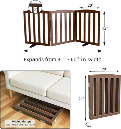 Freestanding Dog Gate Indoor,Doggie Gate Foldable Pet Gates for Doorways,Stairs or Hallways, Wooden Brown Pet Gate for the House, Pet Fence with Support Feet Included,24 "Height-3 Panels