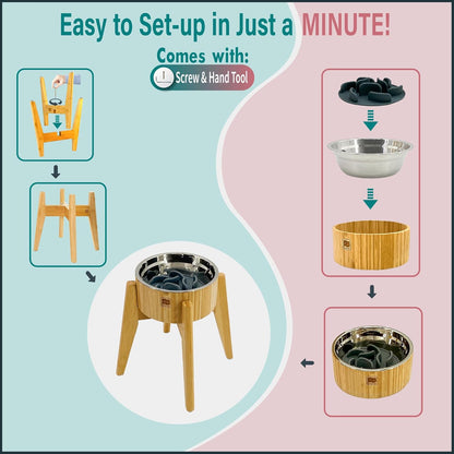 Elevated Slow Feeder Dog Bowls Large Breed - (12-inch-high) - Raised Bowl with Anti-Choking Insert - Stainless Metal and Bamboo