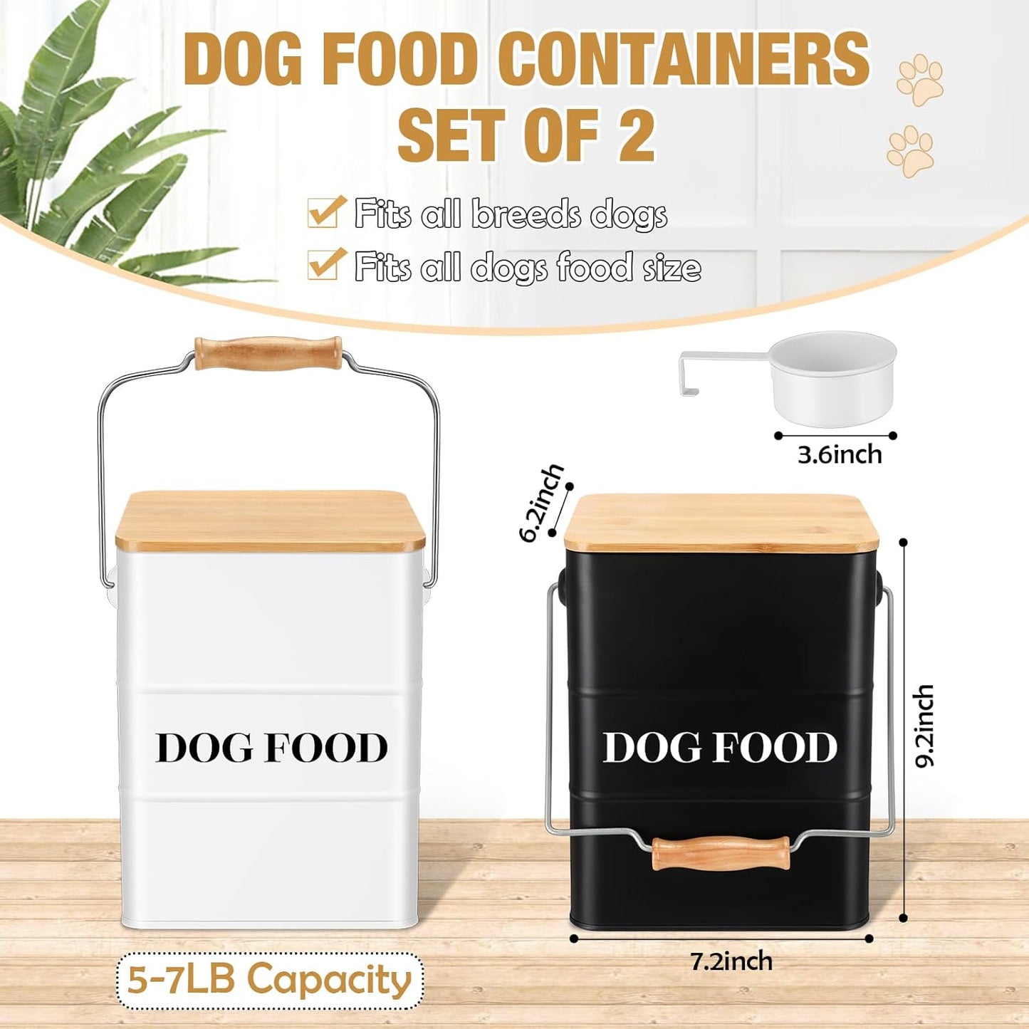 Tioncy 2 Pcs Metal Dog Food Storage Containers Total 10-14 Lbs (50 Cup) Capacity, Airtight Pet Food Canister with Bamboo Lids Scoop DIY Labels Dog Treat Storage Jars for Kitchen Counter(White)