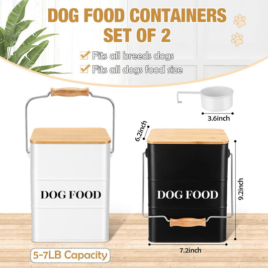 Tioncy 2 Pcs Metal Dog Food Storage Containers Total 10-14 Lbs (50 Cup) Capacity, Airtight Pet Food Canister with Bamboo Lids Scoop DIY Labels Dog Treat Storage Jars for Kitchen Counter(White)