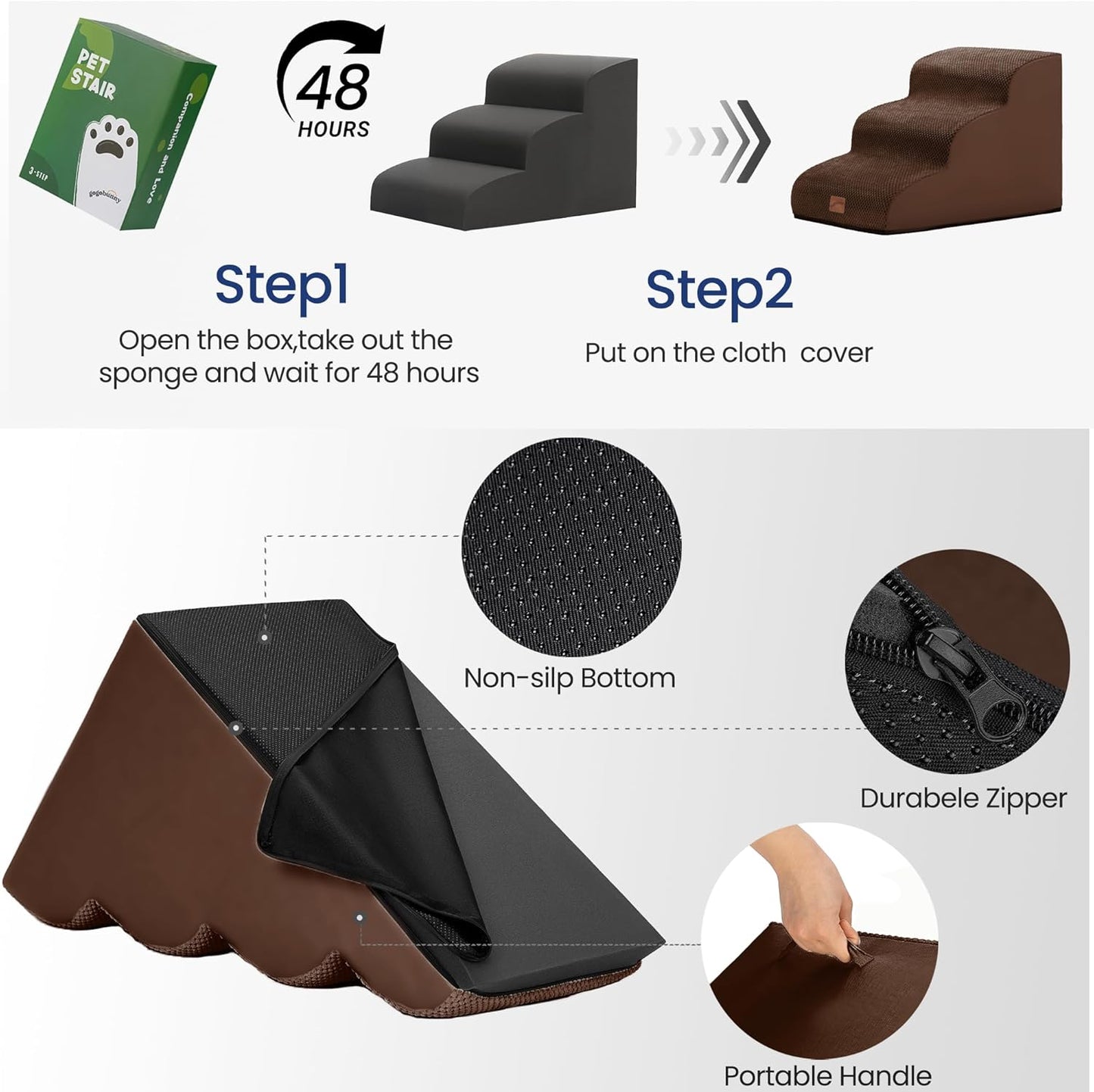 GoGoBunny Ramp Dog Stairs for Couch Sofa and Chair 15.7" H, 3-Step Pet Steps for Small Dogs and Cats, Non-Slip Waterproof Fabric Cover, Stable and Balanced Indoor Step, Pets Friendly, Grey