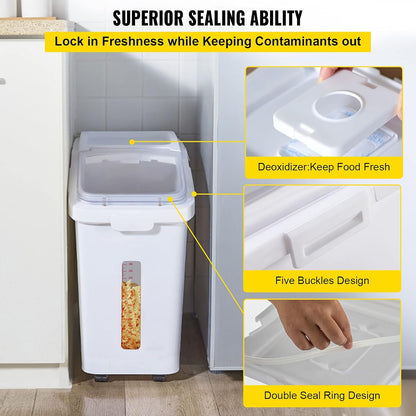 VEVOR Rice Storage Container, 4.5Gallon/20L Capacity Large Dog Food Dispenser Bin, Kitchen Ingredient Grain Cereal Flour Bin, Pet food Containers with Wheels, Measuring Cup, Airtight Lid, 1 Pack