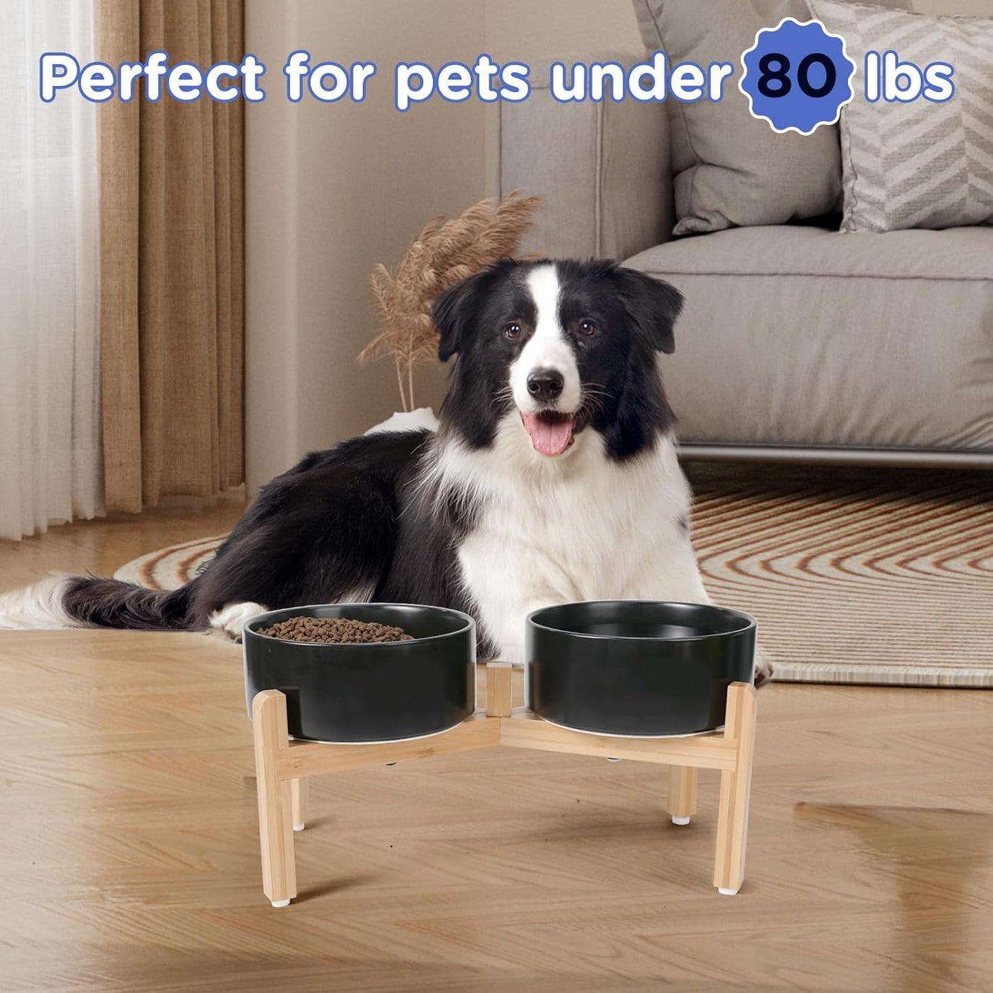 SPUNKYJUNKY Elevated Dog Bowls Ceramic, 6.1'' Dogs and Cat Food Water Bowls Raised with Non-Slip Bamboo Stand for Medium Sized Breed Microwave Dishwasher Safe - 28.7 OZ,Beige