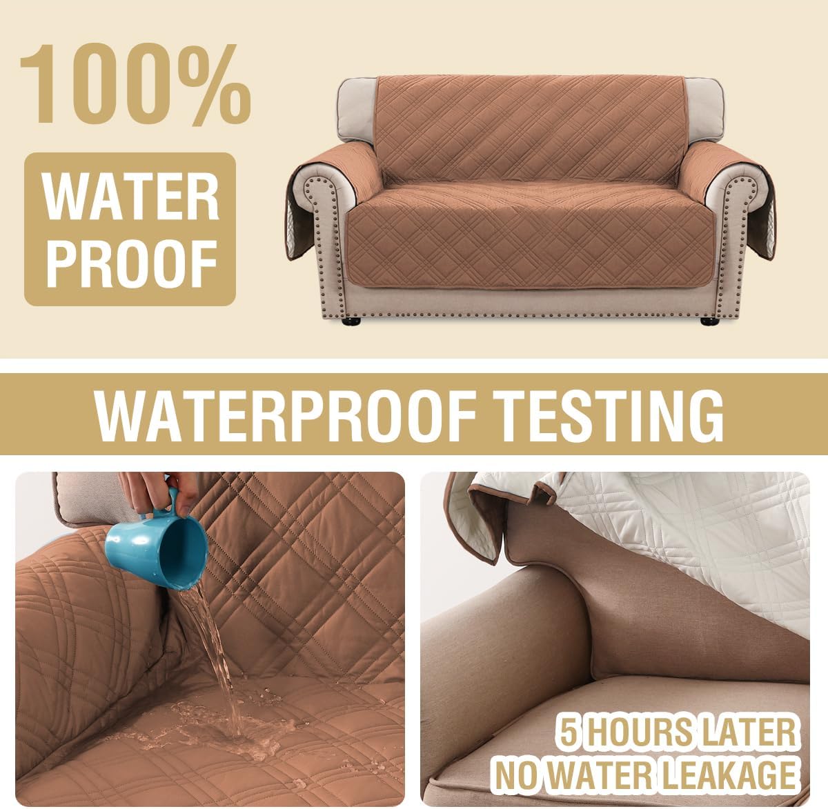 H.VERSAILTEX 100% Waterproof Slipcovers for Couches and Sofas Modern Pet Couch Cover Thick Soft Furniture Protector with Elastic Straps(Sofa, Lily Pad/Beige)