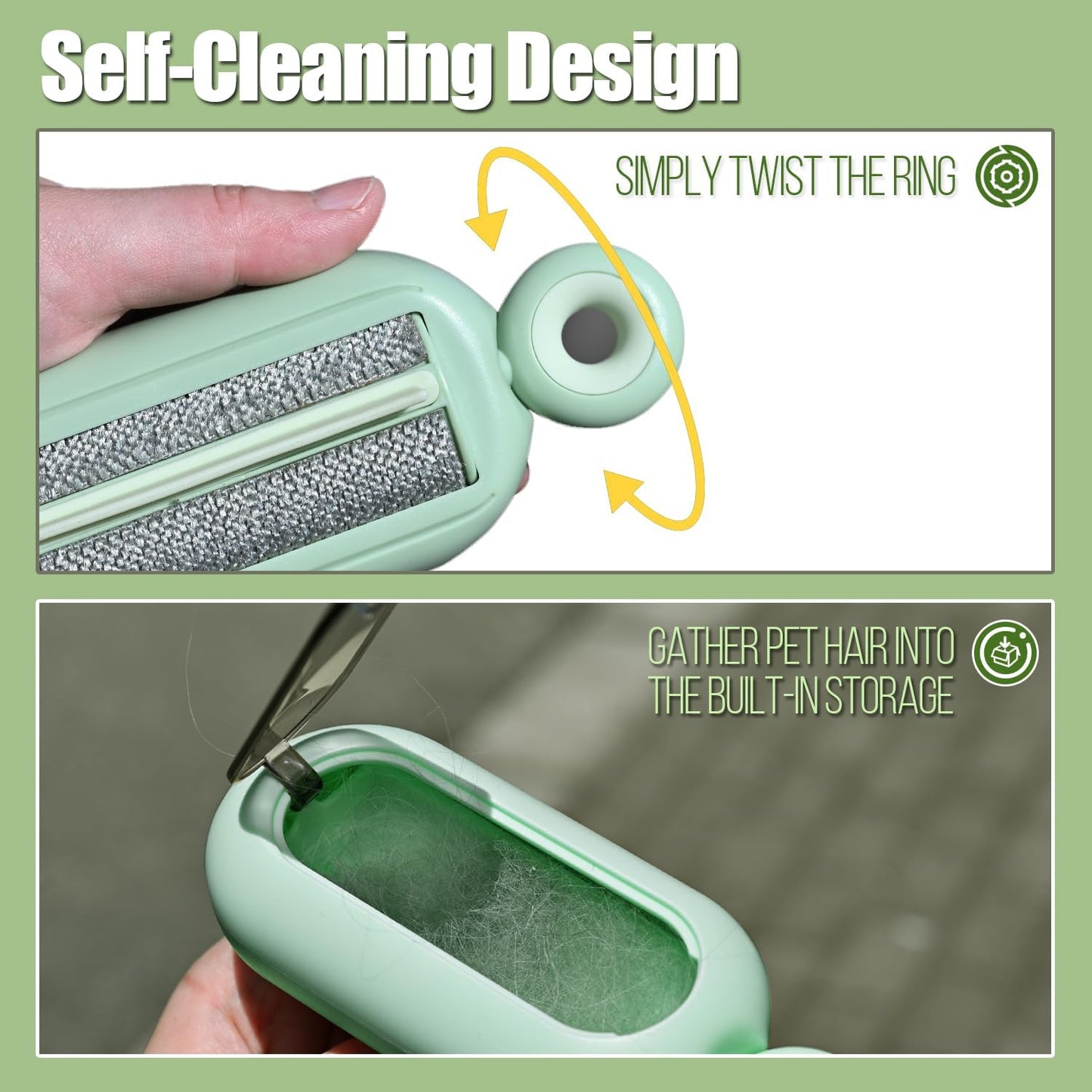 Lint Roller Resuable for Clothes, Magic Self- Cleaning Pet Hair Remover for Cats Dogs Fur, Portable Washable Pet Hair Removal Tool Brush for Curtain, Carpet, Bedding, Sofa, Couch, Green