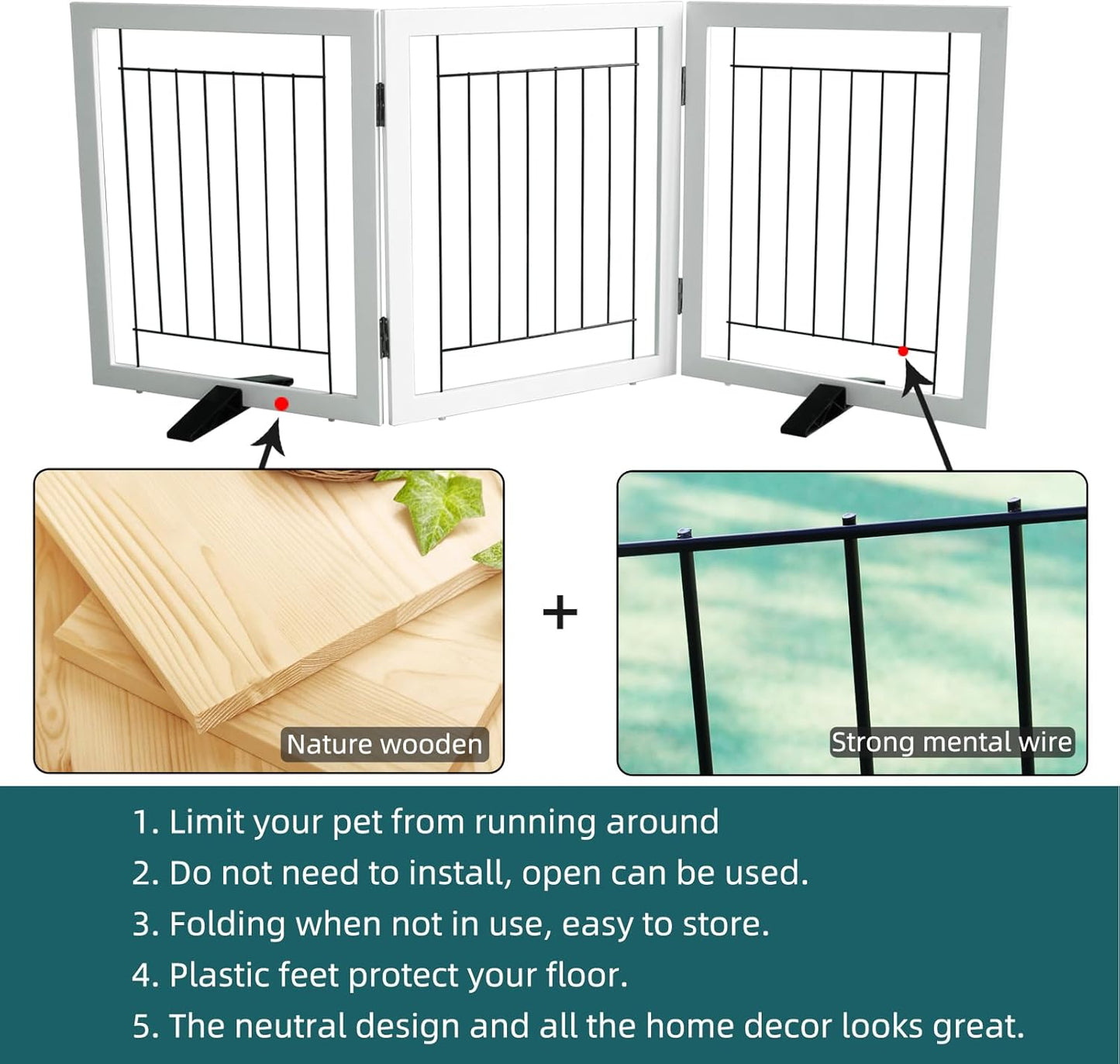 ZJSF Freestanding Dog Gate Indoor, Foldable Dog Fence for Doorways,Hallways or Stairs, Sturdy Wood Extra Wide Pet Gate with Support Feet,Black,24 "Height-3 Panels
