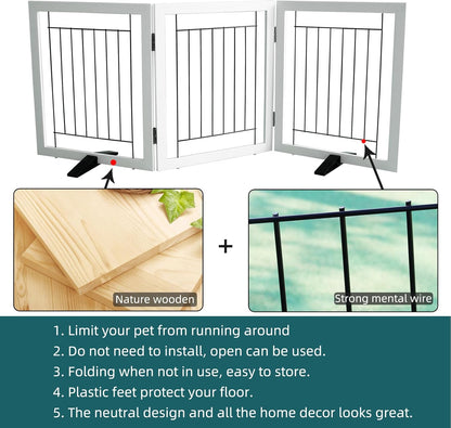 ZJSF Freestanding Dog Gate Indoor, Foldable Dog Fence for Doorways,Hallways or Stairs, Sturdy Wood Extra Wide Pet Gate with Support Feet,Black,24 "Height-3 Panels