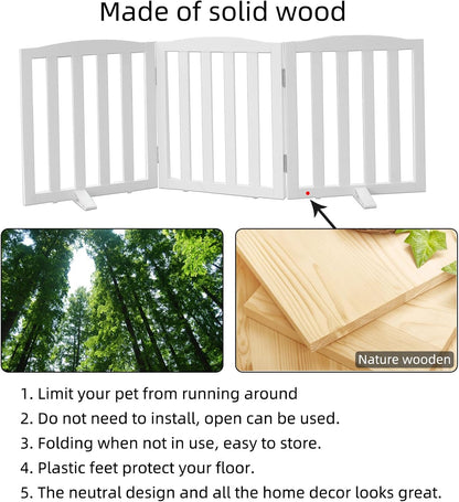 ZJSF Foldable Freestanding Indoor Dog Gate for House Wood White Long Pet Gates Dog Fence for Stairs Puppy Gates for Hallways,Pet Fence, Puppy Gate,Support Feet Included 24 "Height-3 Panels