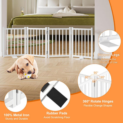 Snughome Short Dog Gate Indoor, 16" High Freestanding Small Dog Door Gates with Support Feet, Expands Up to 48’’ Wide Foldable Pet Gate for Doorway, 4 Panel Folding Pet Door Pet Fence for Puppy, White
