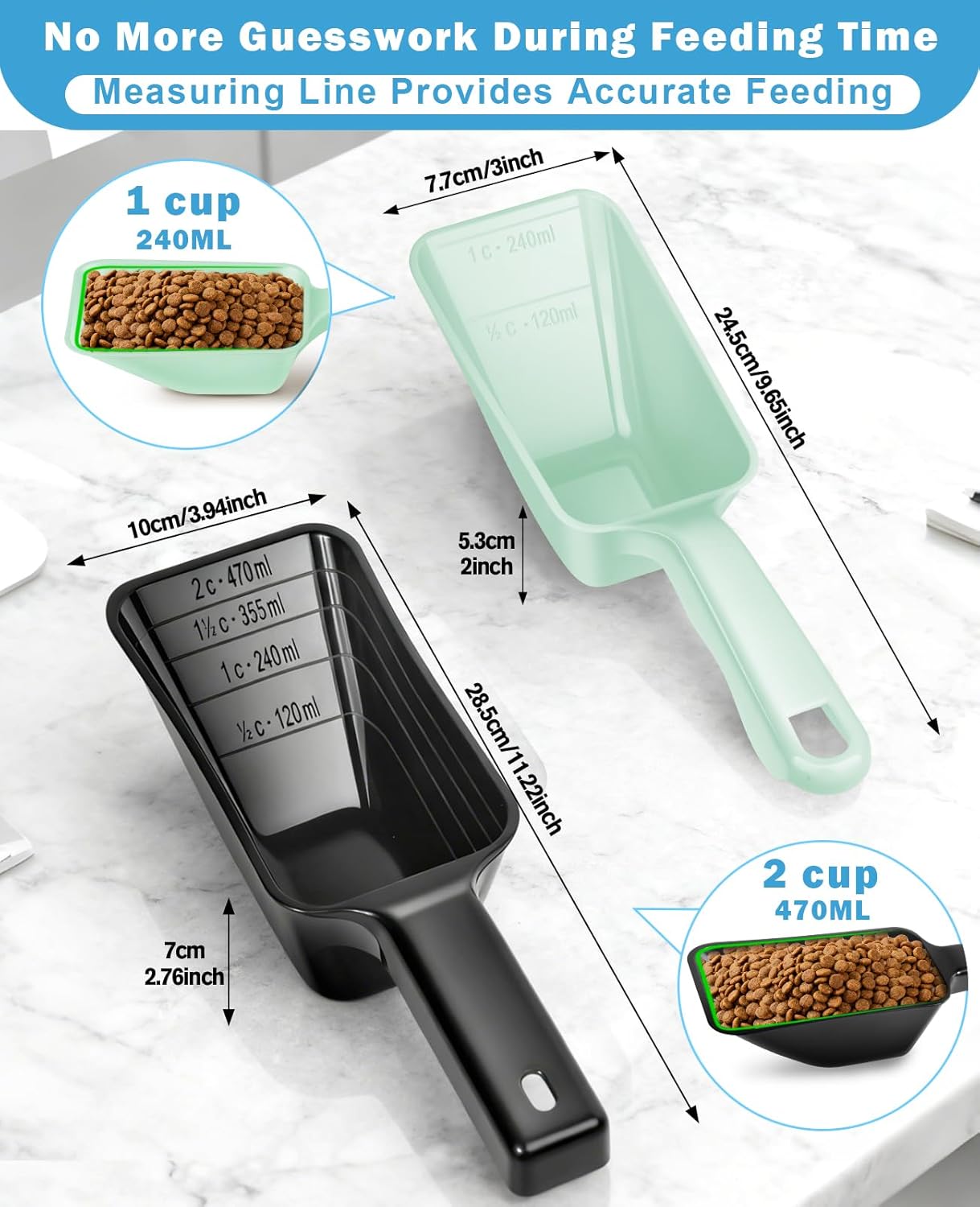 2-Pack Dog Food Scoop Set,1 Cup and 2 Cup Plastic Pet Food Measuring Scoops with Clear Measurement Lines,Multi-Purpose Pet Food Scooper for Dogs, Cats (Green and Black)
