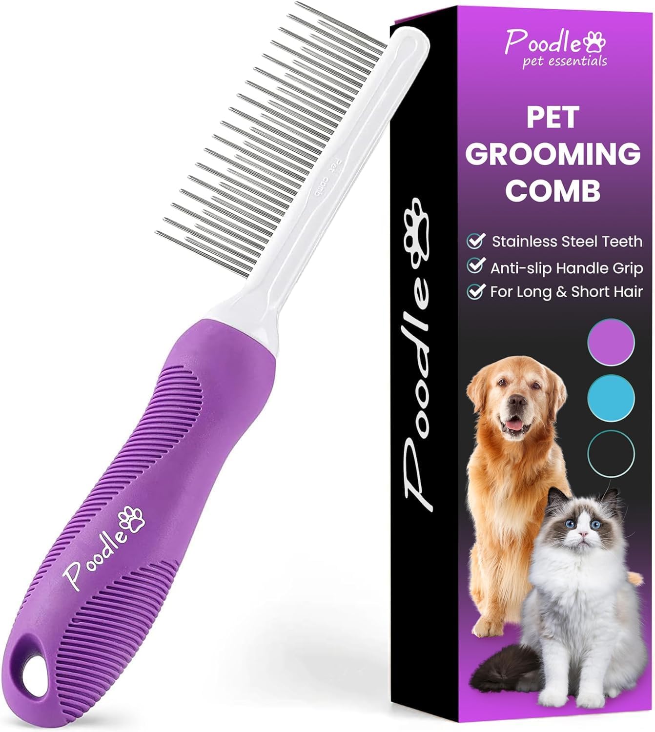 Poodle Dematting Fur Rake Comb Brush for Dogs and Cats - Long 2.5" Steel Safety Blades Metal Comb for Detangling Matted or Knotted Undercoat Hair (Orange)