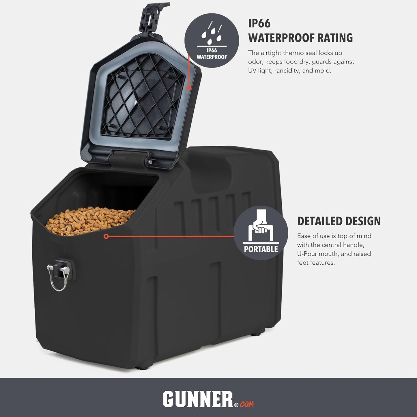 GUNNER 50 lbs Dog Food Storage Container - Waterproof & Airtight Pet Food Bin - Multi-Purpose Container for Dry Food, Corn, Chicken Feed, Treats, Bird Seed, & More - Gunmetal