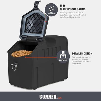 GUNNER 50 lbs Dog Food Storage Container - Waterproof & Airtight Pet Food Bin - Multi-Purpose Container for Dry Food, Corn, Chicken Feed, Treats, Bird Seed, & More - Gunmetal