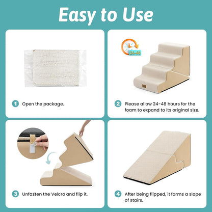 COZY KISS Dog Stairs for Small Dogs, 3-Step 2 in 1 Transformable Pet Stairs for Couch and Bed, 15.7" H Dog Steps for Old Cats, Puppy, Small Dogs (Beige, 17.7x28.3x19.7 in, 4.0)