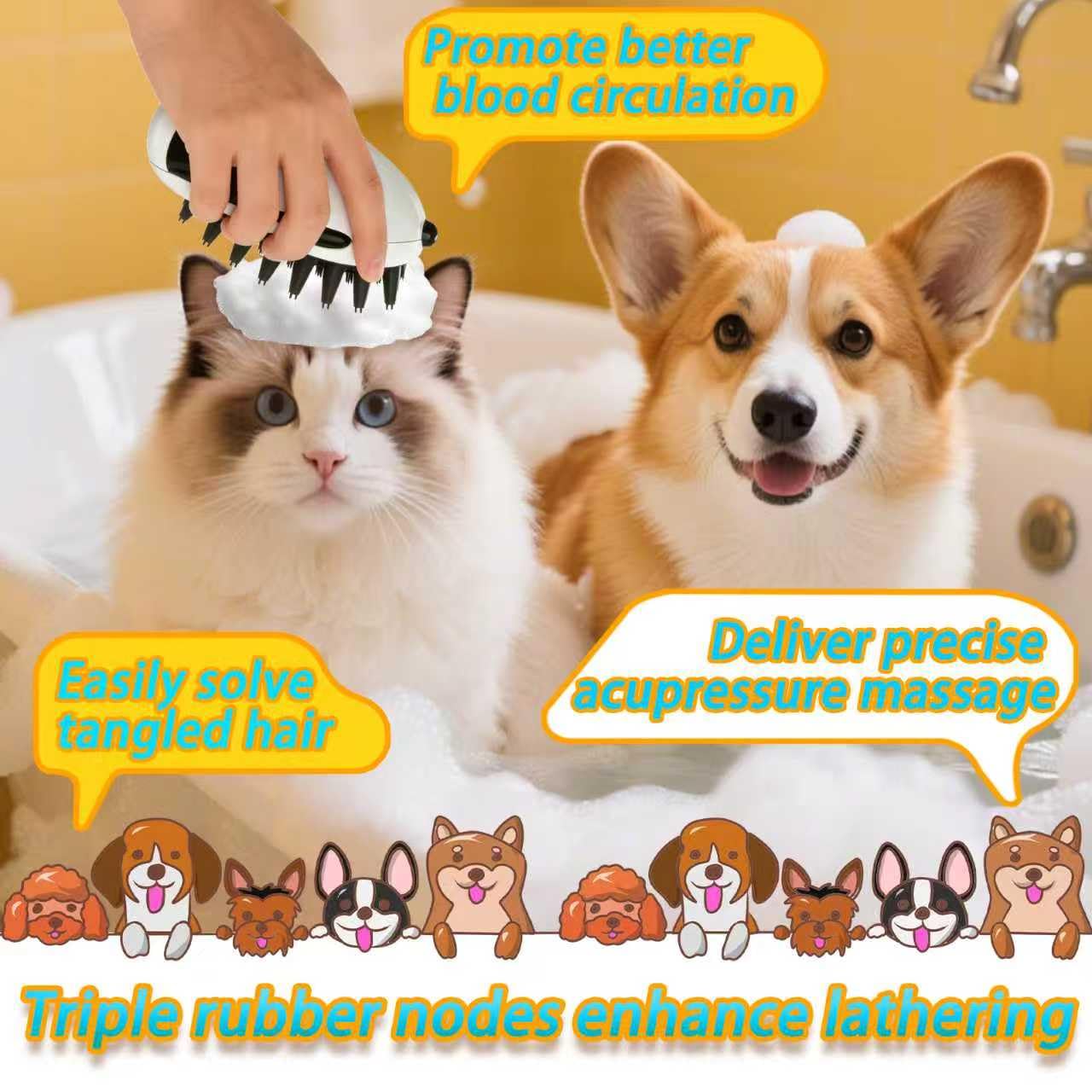 Dog Brush for Long Haired TPR Massage Soft Bristles & 3-Point Brush Head for Bathing Grooming De-Shedding & Detangling Shower Brush for Dogs and Cats