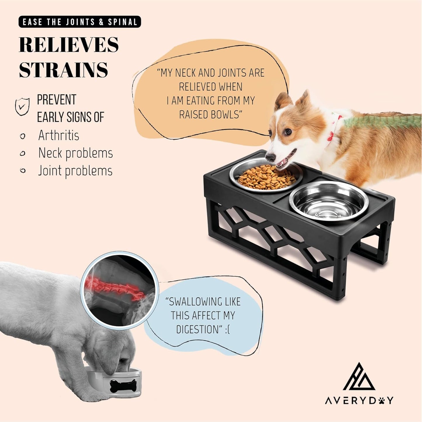 AVERYDAY Elevated Dog Bowls, 4 Height Adjustable Stand for Medium and Large Dogs, Raised Dog Feeder Holder with 2 Stainless Steel Food and Water Bowls, Anti-Slip Base Tall Feeding Station