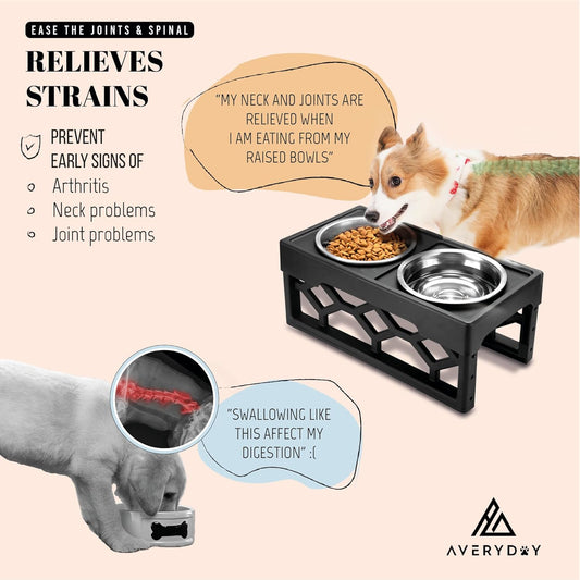AVERYDAY Elevated Dog Bowls, 4 Height Adjustable Stand for Medium and Large Dogs, Raised Dog Feeder Holder with 2 Stainless Steel Food and Water Bowls, Anti-Slip Base Tall Feeding Station
